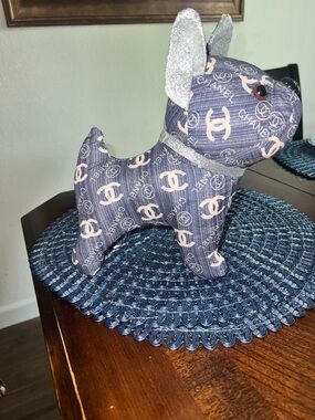 Adorable  Navy and Cream Logo Plush Dog Accent